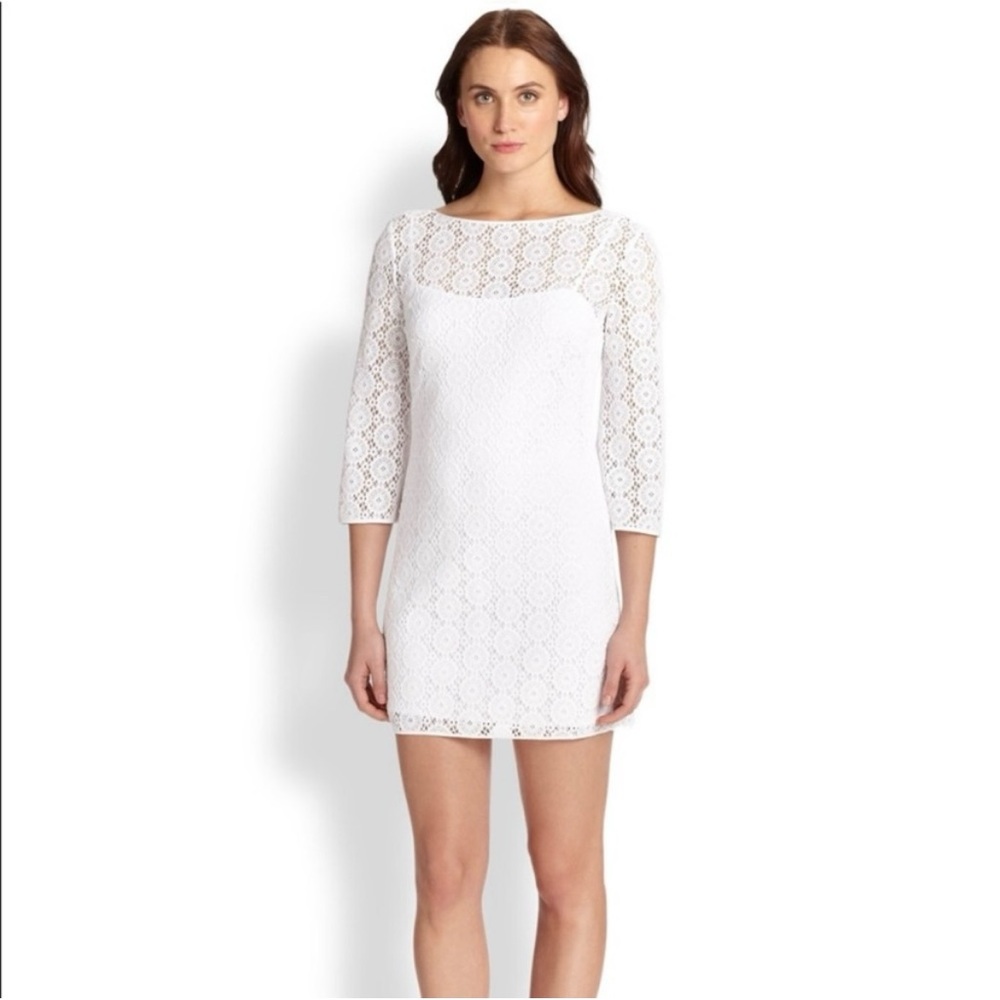 Lilly Pulitzer Resort White Topanga Eyelet Boatneck 3/4 Sleeve Lace Shift Dress